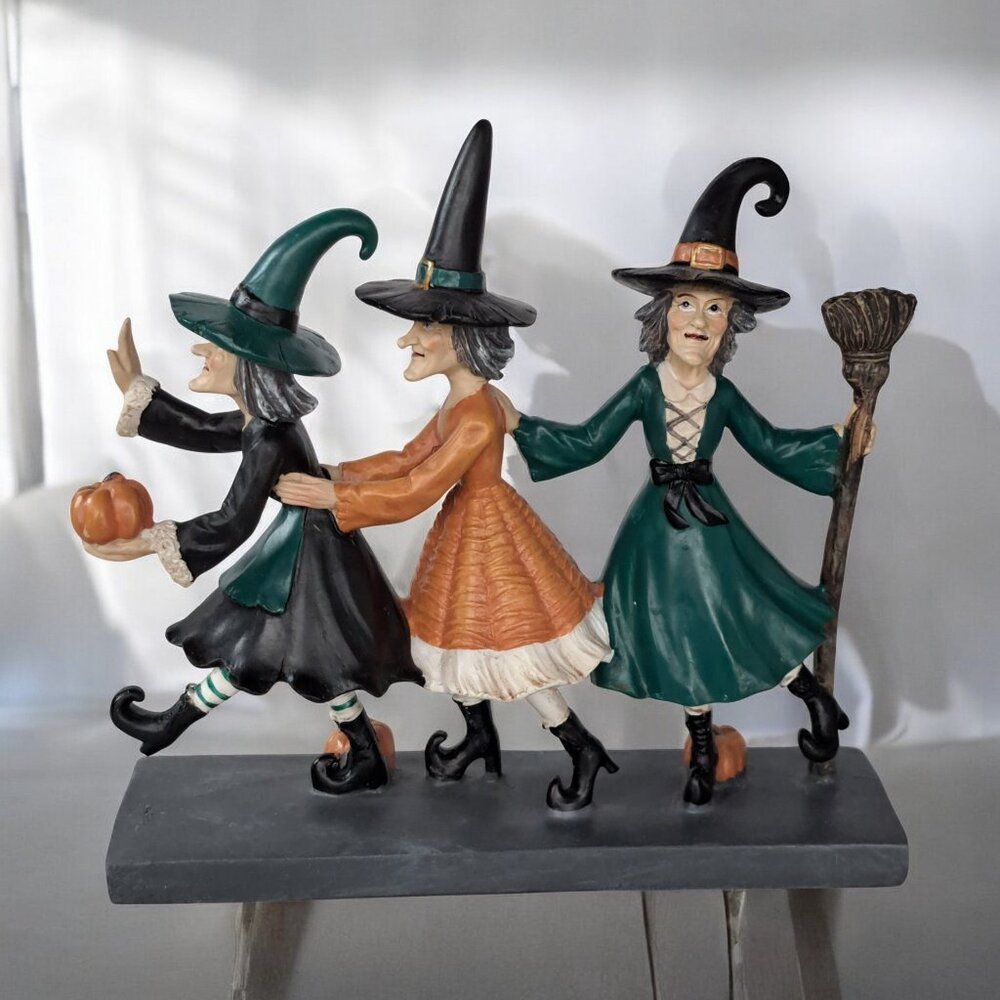Halloween Trio Sassy Witches Dancing W Brooms & Pumpkins Resin Tabletop